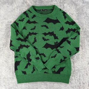 Emery Rose Green Black All Over Bat Sweater Whimsigoth Spooky Chic Goblincore